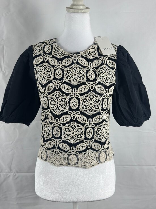 Heyson Tops - Heyson Embroidered Puff Sleeve Top – Black & Cream – S/M/L – NWT BTS, Work, Fall